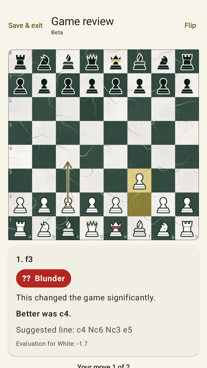 Drawless Chess Game Review on the Imperial Marble board, grading f3 as a Blunder, recommending c4, and showing the c4 Nc6 Nc3 e5 line, evaluation, and better-move arrow.