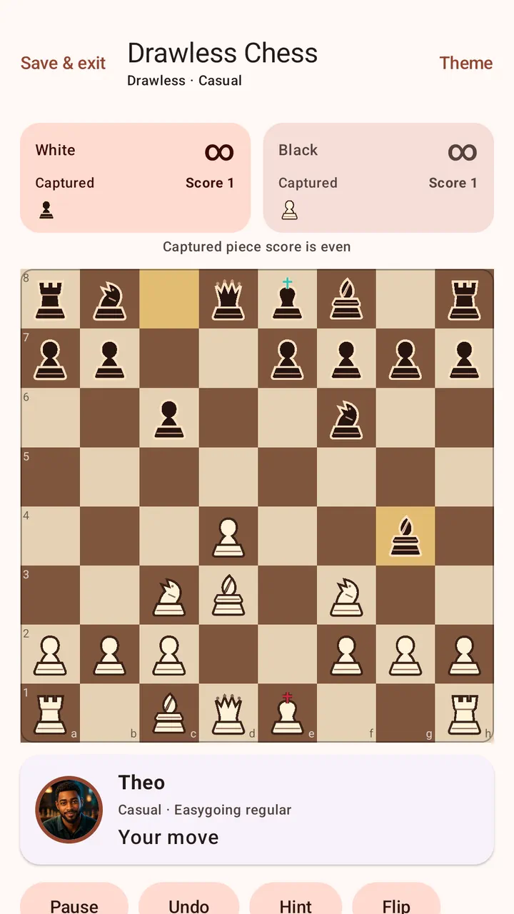 Drawless Chess game against Theo on the Modern Walnut board.