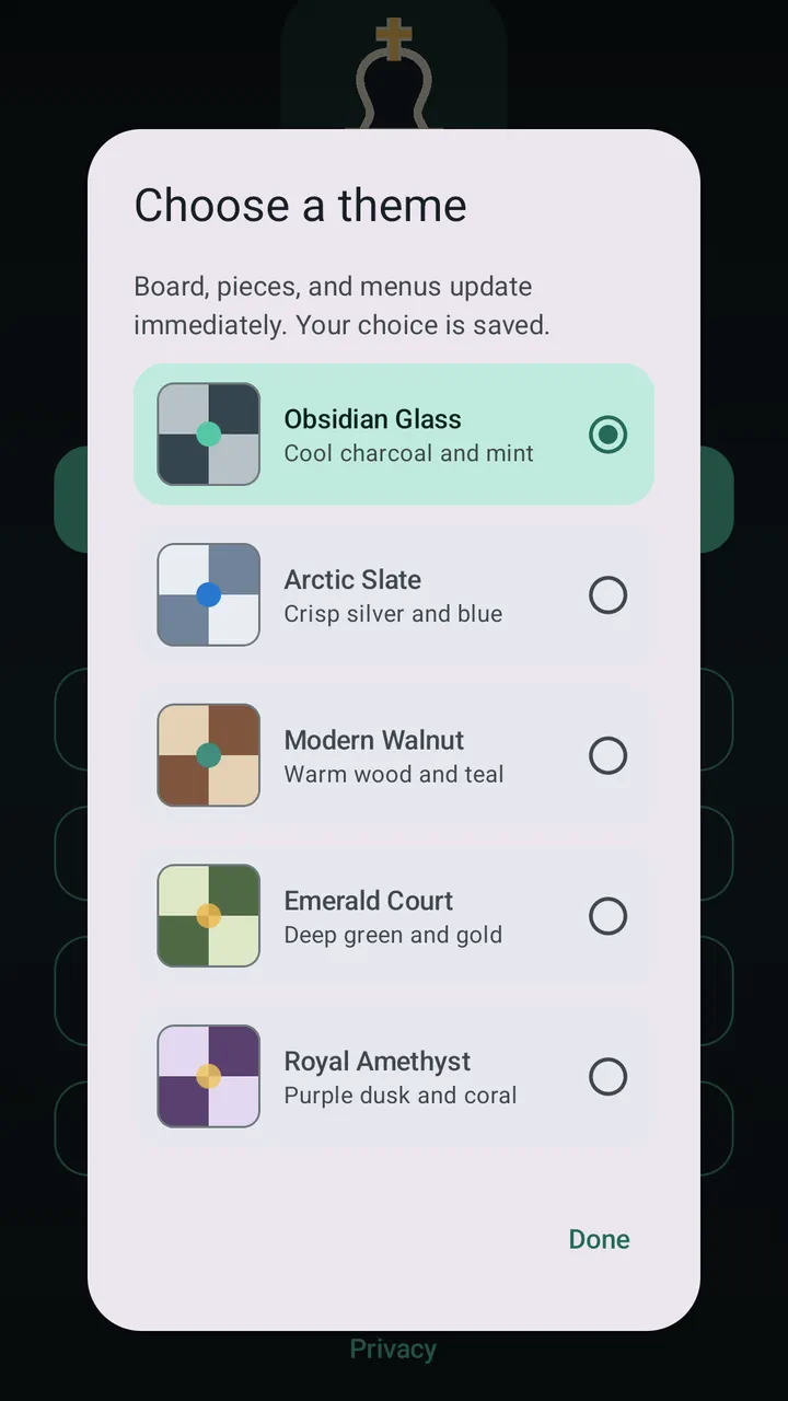 Theme picker showing five Drawless Chess board styles.